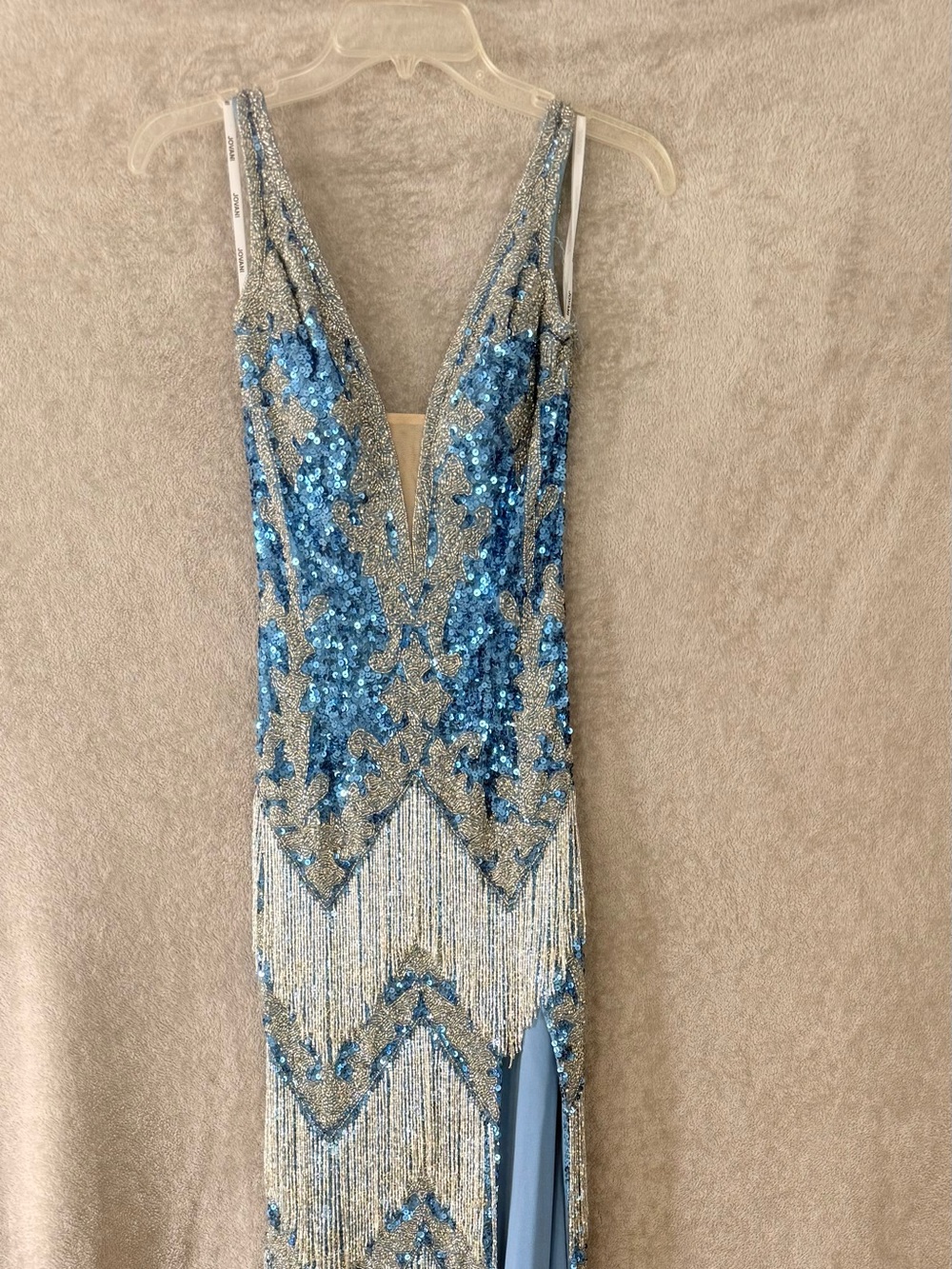 Jovani Blue Silver Sequin Fringe One-Shoulder Dress Sz 0